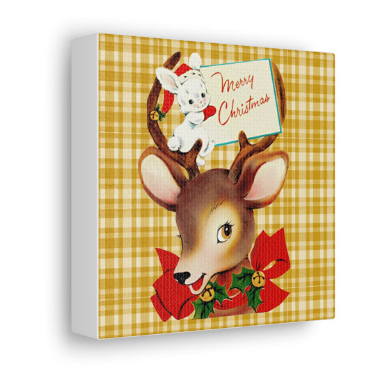 Merry Christmas Retro Reindeer And Bunny Yellow Plaid Mid Century Retro Christmas Canvas Gallery Wrap