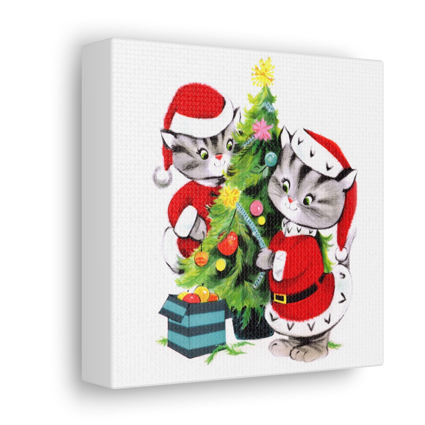 Santa Christmas Cats Decorating Tree Mid Century Retro Christmas Canvas Gallery Wrap