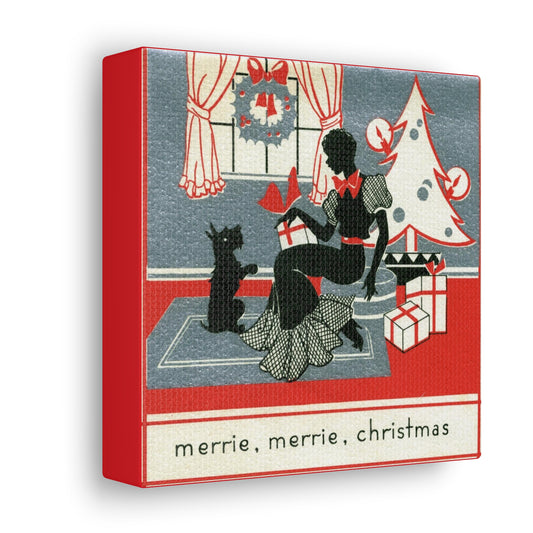 Merrie, Merrie Christmas Woman And Scottie Mid Century Retro Christmas Canvas Gallery Wrap