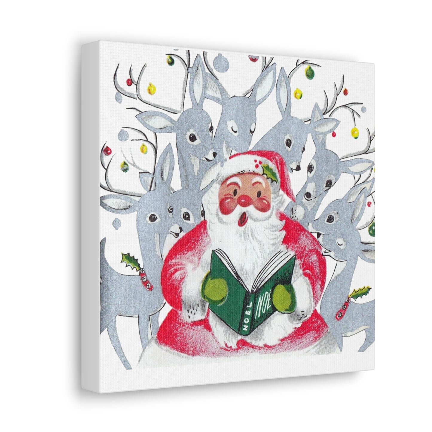 Santa Caroling with Reindeer Mid Century Retro Christmas Canvas Gallery Wrap