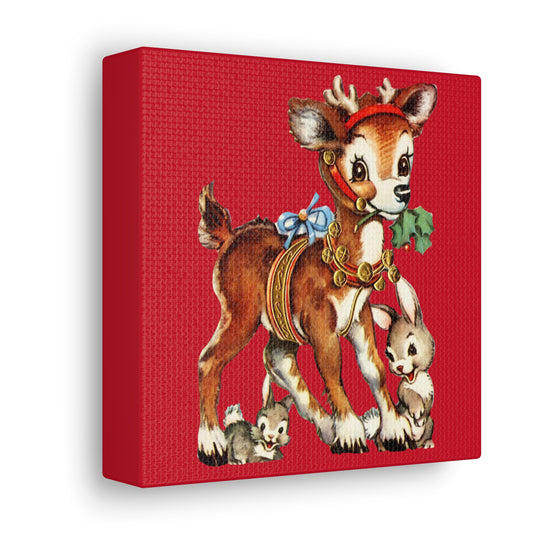 Reindeer And Bunnies Mid Century Retro Christmas Print Canvas Gallery Wrap